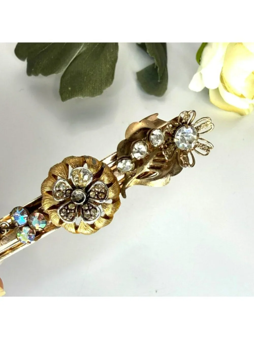Gold Rhinestone Flower Barrette | Handmade Vintage Jewelry Hair Clip | One of a